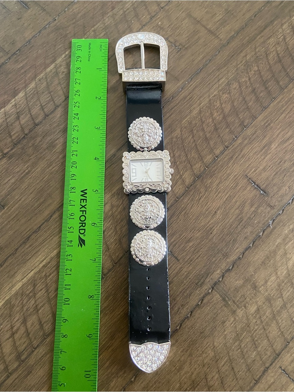 Black Leather Western Concho Watch Bracelet with Rhinestones
